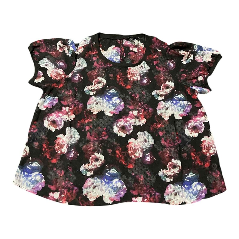 Torrid Shirt Womens 2 Black Floral Short Sleeve Keyhole Back Plus Blouse